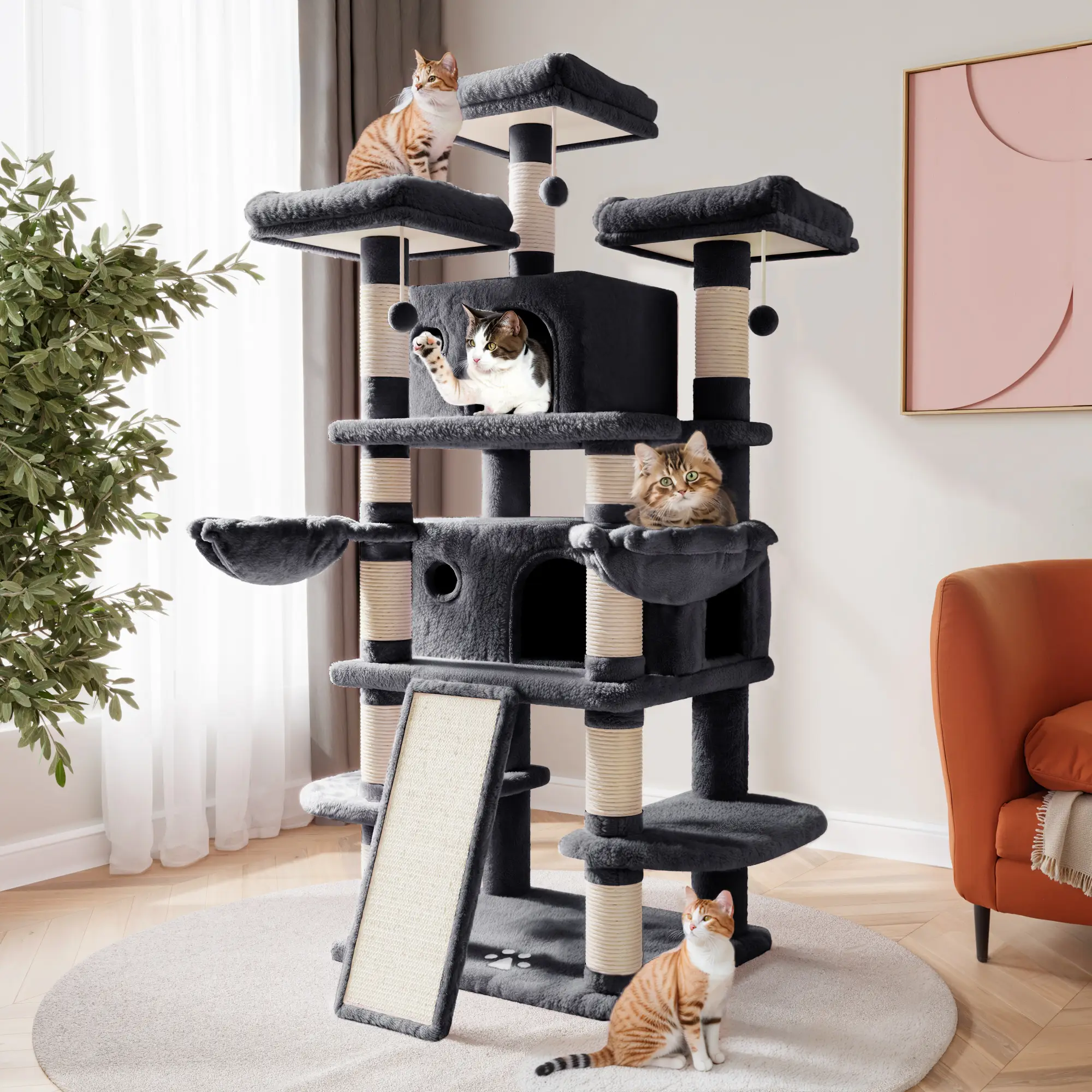 SHA CERLIN 68 Inches Multi-Level Large Cat Tree for Large Cats/Big Cat Tower with Cat Condo/Cozy Plush Cat Perches/Sisal Scratching Posts and Hammocks