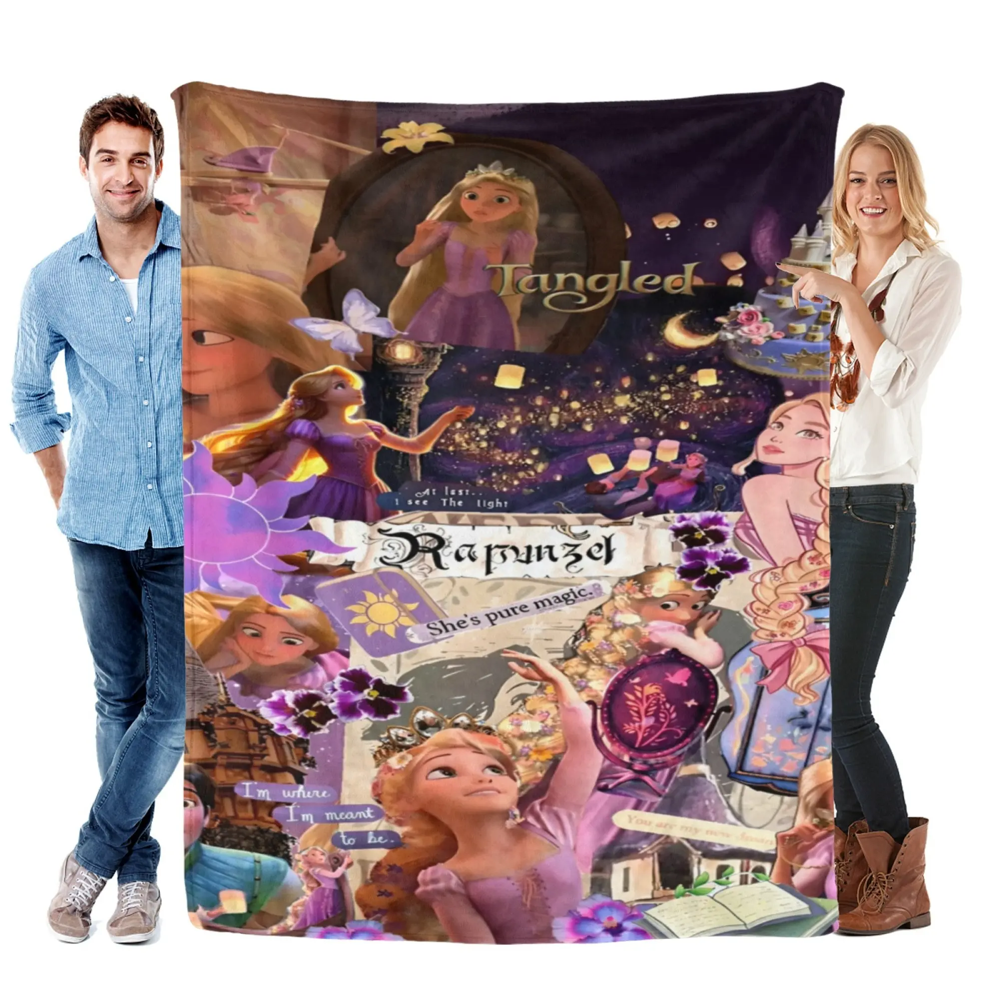 Disney Princess Rapunzel Super Soft Fleece Fabric Blanket - Purple 2D Scrapbook Print, Cute Look, Soft Texture, Indoor Use Room Decor, Vintage Collage