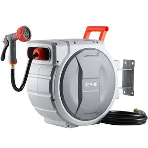 【DealsForYouDays】VEVOR Retractable Garden Hose Reel, 1/2 in x 100 ft, Wall Mounted Hose Reel with 9-Function Sprayer Nozzle and 180° Swivel Bracket, Any Length Lock, Automatic Slow Rewind System, for Garden Watering