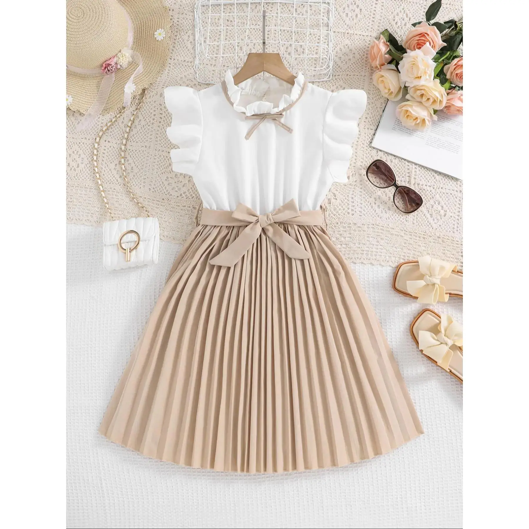 Girls' Solid Woven A-Line Dress with Flutter Sleeve and Pleated Skirt, Summer Style with Belted Bow Waist for Ages 8-13, Fitted, Cinched Silhouette, Breathability, 11-12Y(152Cm), 8Y(128Cm), Casual, Plain, Waist Belt, 10Y(140Cm)