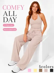 Women's 2 Piece Set Removable Padded Cami Top Long Pants Yoga Set Buttery Soft Cool Touch Breathable Adjustable Drawstring Wide Leg Pants Moisture Wicking Four Way Stretch Sports Set Gym Outdoor Fashion Versatile Fitness Set