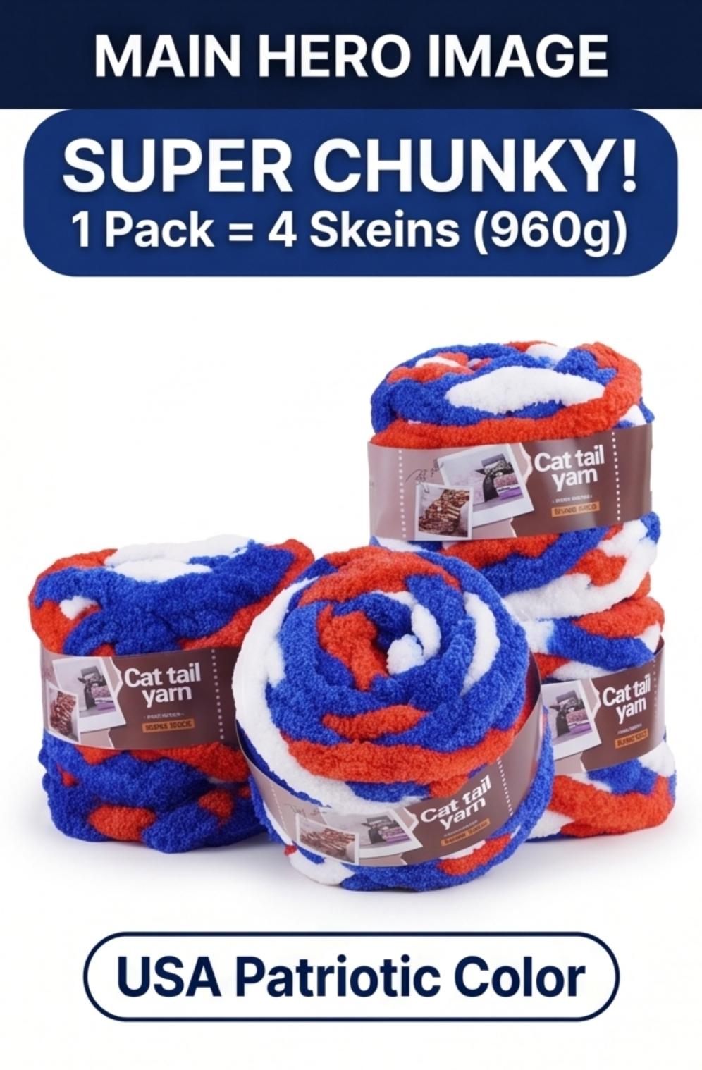 Patriotic Red White Blue Chunky Chenille Yarn (4 Pack) - No-Needle Finger Knit Yarn, Ultra Soft Plush Cat Tail Yarn for DIY Blankets & Gifts