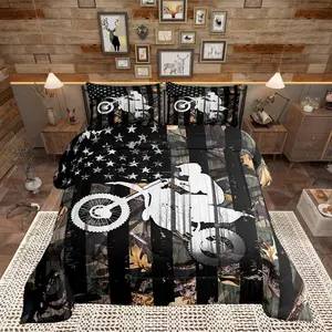 Comforter Set for Boys Dirt Bike Extreme Sports Bedding Camouflage Leaves Tree Branch Quilted Comforter Vintage American Flag Bedding Set,Country Bed Set
