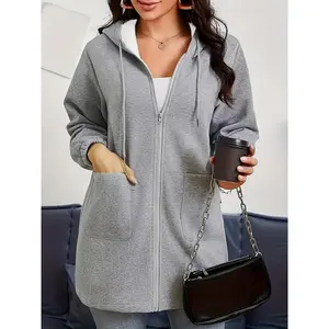 Women's Long Sleeve Zipper Casual Hoodie Jacket, Fall Winter Fashion Simple Style, Plus Size Comfortable Outerwear
