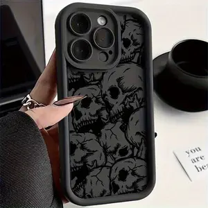 Black Skull Pattern High-Edge Case for iPhone 17 Pro Max 16 16e 15 14 Plus 13 12 Mini 11 Air X XS Pattern Soft TPU Rubber Camera Protection Rugged Mobile Phone Cover Gift Protective Shockproof
