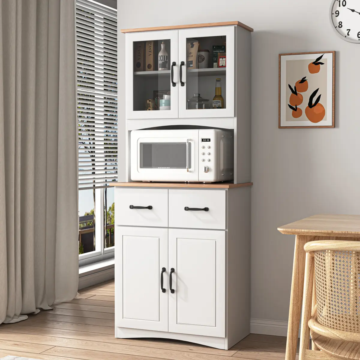 White Wooden Hutch Cabinet - Indoor Pantry & Microwave Storage Cupboard with Framed Glass Doors, 1 Drawer, Open Center Countertop, Adjustable Shelves, Cable Management Hole, 150 lbs Capacity, Painting, Round Handles, Sturdy Frame, Detailed Design, With Dr