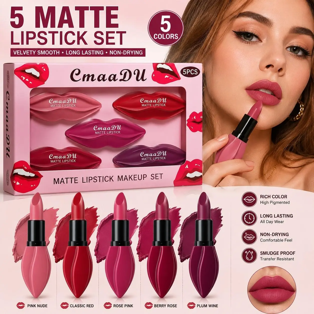 CmaaDu 5Pcs Lip Shaped Longlasting Matte Lipstick & Lip Gloss Set, Hydrating Long Lasting High Pigment Lip Tint, Daily Holiday Women Beauty Gift Kit