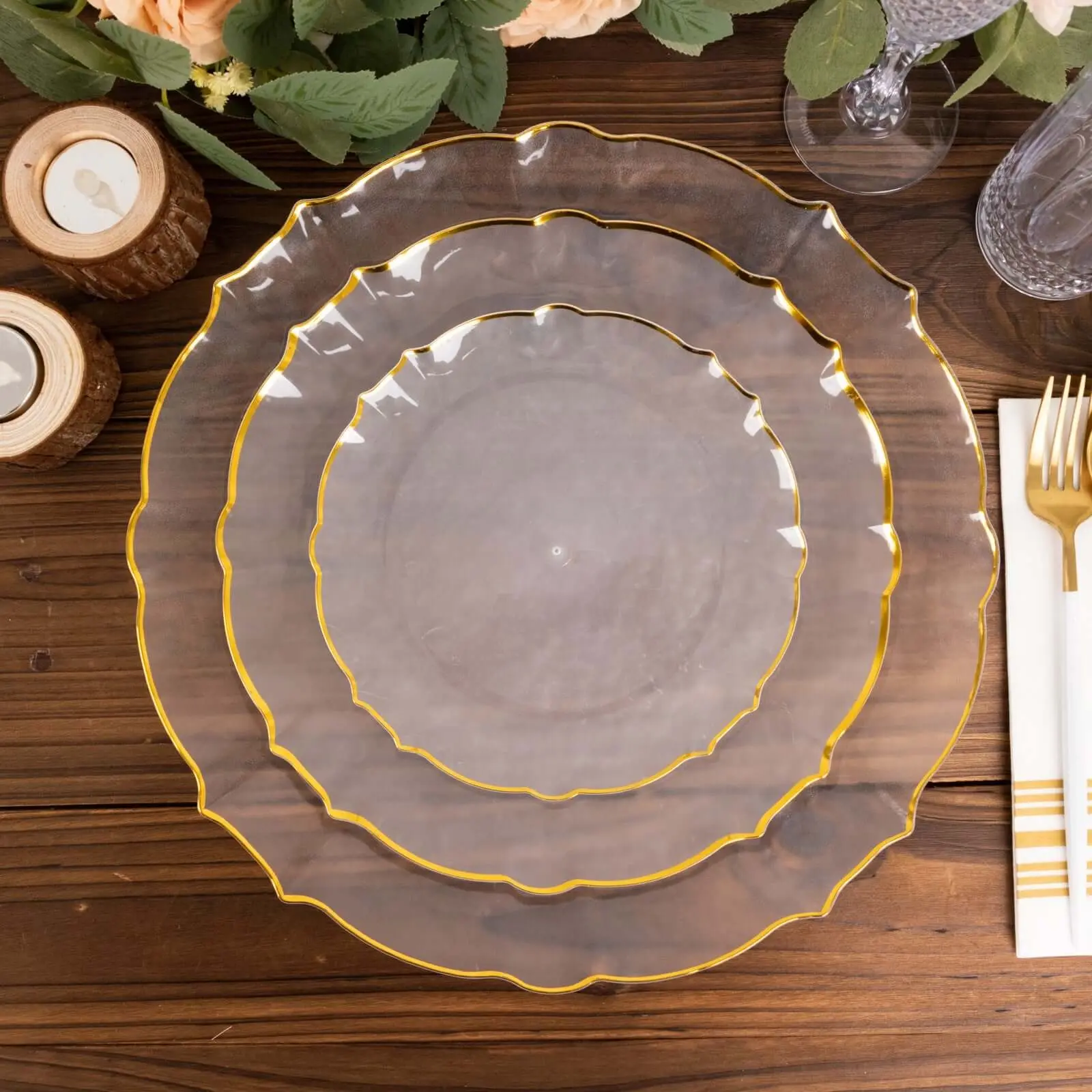10-Pack Plastic Round Dessert Appetizer Plates 7" Clear Sunflower with Gold Scalloped Rim - Disposable Salad Plates for Sophisticated Events & Celebrations