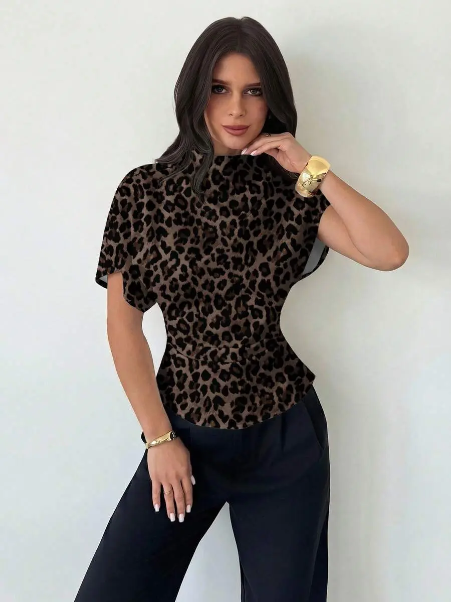 Firerie Brown Elegant Office Autumn Leopard Print Ruched Collar Asymmetrical Sleeve Slim Fit Blouse,Vintage Chic Top For Wedding Guest,Date Nights,Parties