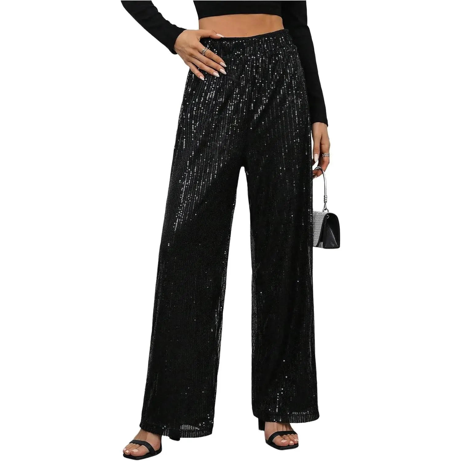 Women's Sequin Sparkle Pants Elastic Waist Wide Leg Trousers | Party,Night,Club,Diamonds Outfit