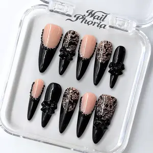 NailPhoria NOIR MUSE - Valentine Handmade Press-On Nails | Reusable, Salon-Quality, Long-Lasting, Glossy Design