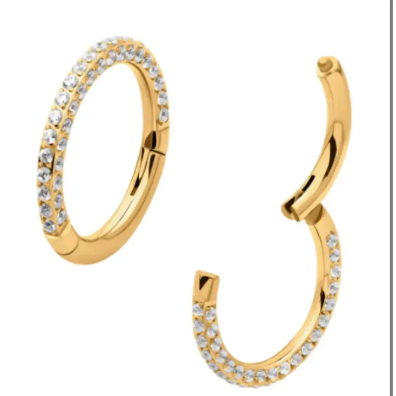 Invictus 18G 24K Gold PVD 3 Paved CZ Titanium Hinged Hoop