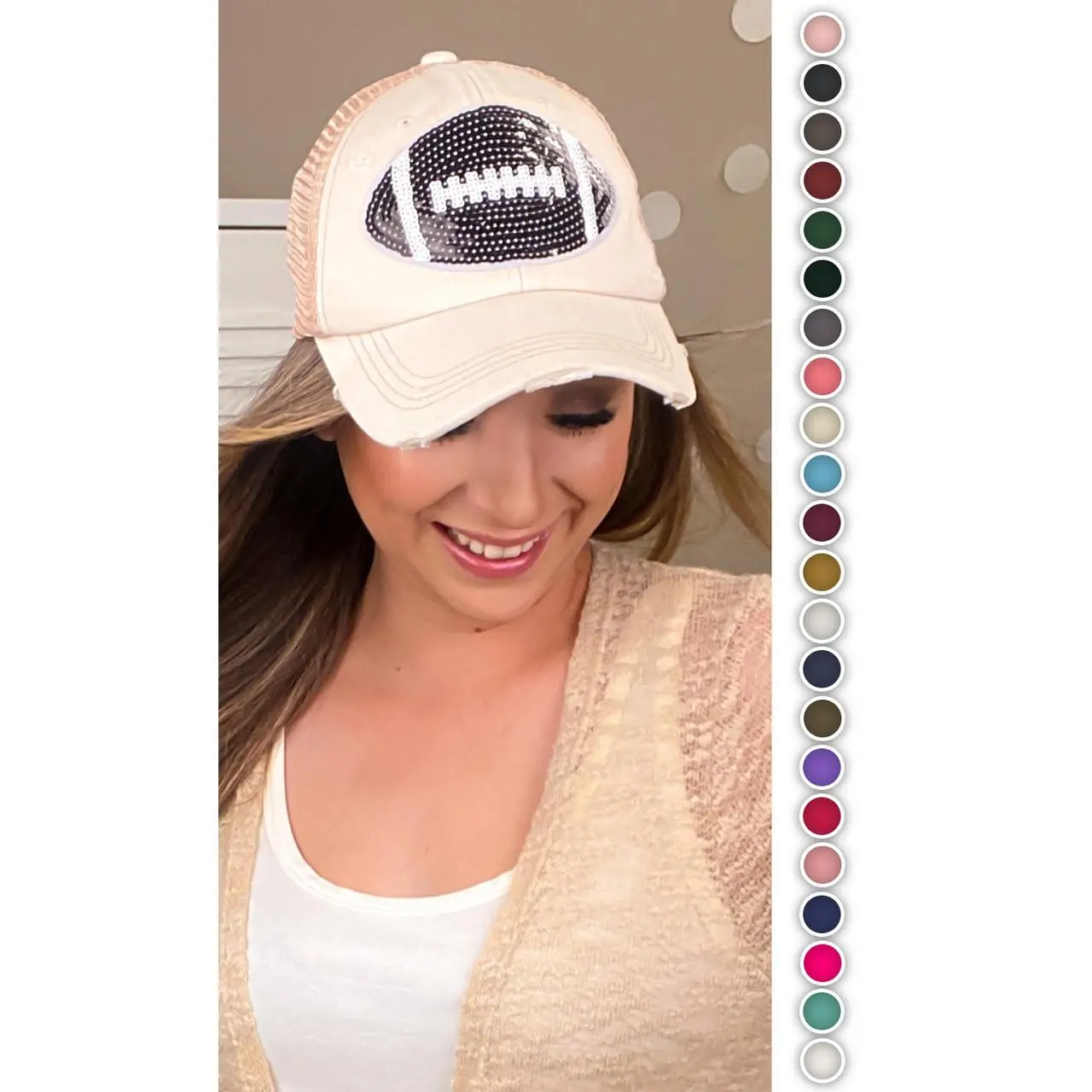 Vintage Football Sequin Snapback Hat - 3D Embellishments Novelty Football Hat, Retro Game Day Fashion Accessory with Shiny Accents, Sequins, Snapback Hats