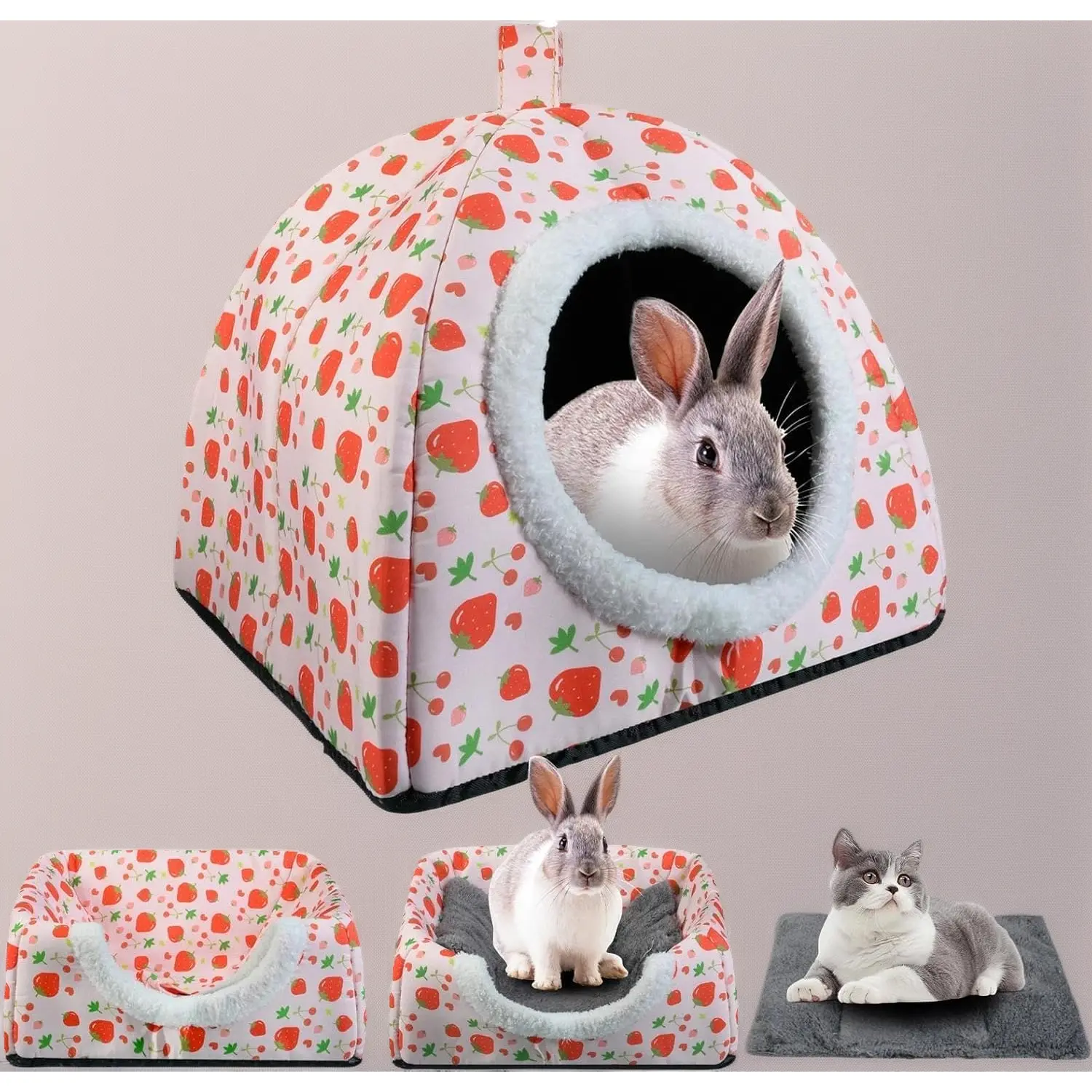 Strawberry Warm Rabbit Hideout Bed - Fleece Soft Pet Hut Supply with Removable Washable Pad, Indoor Fit Spacious Secure Space, Winter Rabbit Cage Decoration, Removable Pad