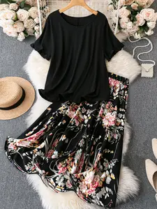 Women's Comfortable Fabric Casual Vintage Set, Round Neck Pleated Ruffle Short Sleeve Top & Floral Print Elastic Waist Maxi Dress