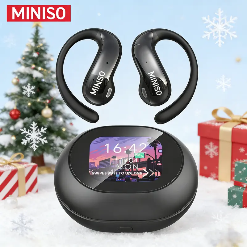 MINISO MS188 Chargeable Oval Open-Ear Bluetooth Headset - Electronic, 400mAh, BT Mic, Earhooks, Full-Color Display Plastic Charging Case, Noise Cancellation, Waterproof, 20kHz Audio, Included Batteries, Game Console & Cellphone Compatible, Motorcycle Use