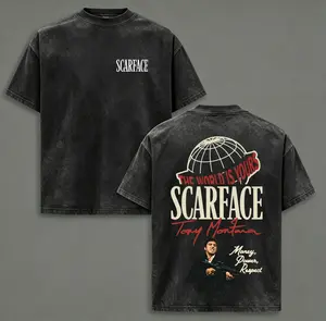 FEEGO Scarface Two Sides Graphic Tee - The World is Yours Design with Tony Montana Iconic Image Perfect for Movie Fans and Streetwear Enthusiasts Menswear Casual Crewneck Tshirt 100% Pure Cotton Y2K Streetwear Tee good graphic tees gifts for him shirts