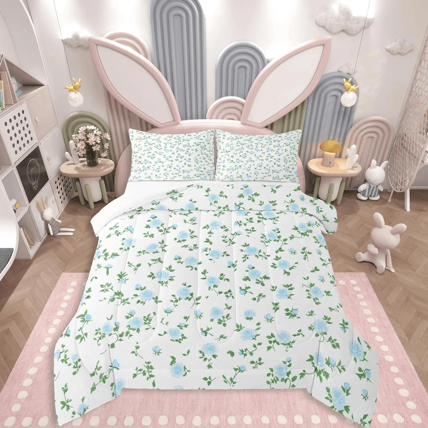 Blue Rose Flower Comforter Set All Season Cute Floral Bedding Set Botanical Microfiber Bedclothes Blossom Flowers Pattern Bedroom Decor Duvet Quilt Soft