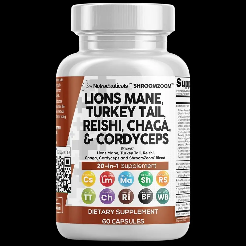 Sharoomzoom Mushroom 20-in-1 Supplement with Lions Mane Turkey Tail Reishi Chaga Cordyceps 60 Capsules for Comprehensive Health