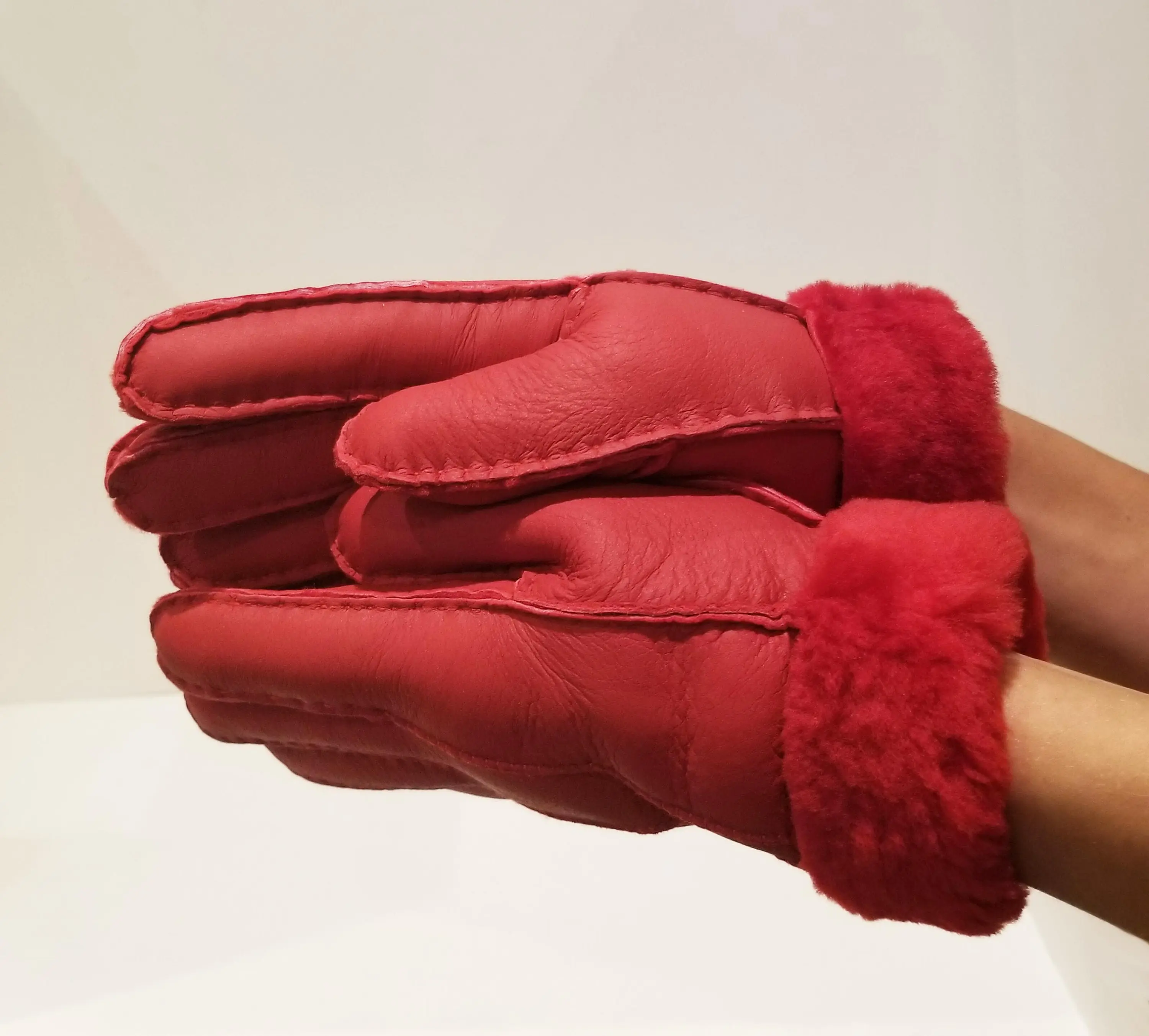 Warm Red Sheepskin Shearling Gloves Handmade size S-M-L for women by Katz Leather