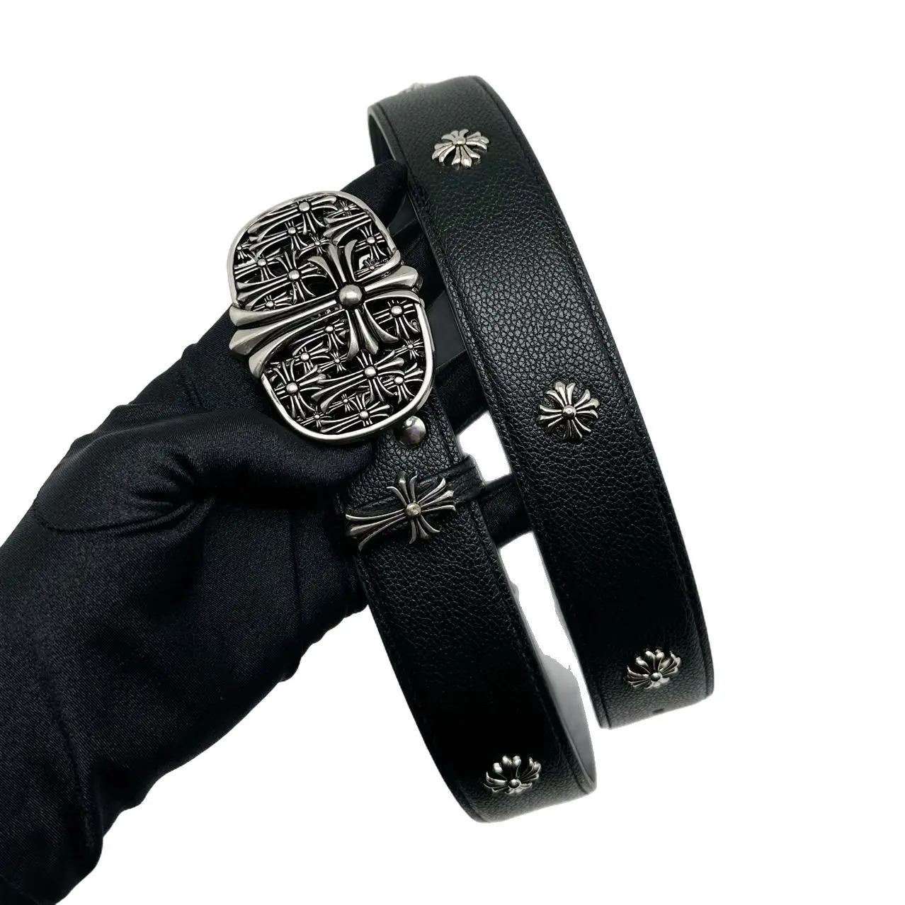 Men's Genuine Leather Belt with Silver Gothic Cross Buckle, Black Cowhide Belt, Punk Biker Streetwear Waist Belt, Vintage Floral Cross Studded Belt for Jeans Casual Outfit