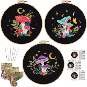 3 Pack Embroidery Kit for Adults Beginners, Stamped Cross Stitch Mushroom Patterns with Hoop, Thread,  & Step-by-Step Guide Easy DIY Starter Kit