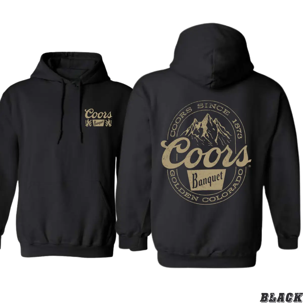 Coors Banquet Hoodie - Classic and Rugged Design Featuring Retro Coors Logo with Mountain Graphics, Black Unisex Sweatshirt for Beer Enthusiasts