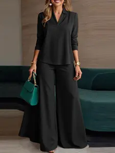 Women's Casual V-Neck Long Sleeve Loose Fit Top and Wide Leg Pants Set, Spring & Fall Fashion, Leopard Pattern, Pockets Design, Outfit