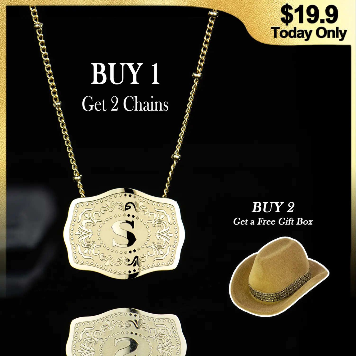 Holylegend 14K Real Gold-Plated Initial Letter Pendant Necklace with Embossed Belt Buckle CowTag Western Style Jewelry Gift for Men Women Buy 1 Get 1