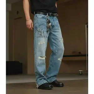 Men's Cotton Loose Vintage Streetwear Relaxed Straight Denim Jeans - Light Wash, Distressed Ripped, Raw Hem, Archive Graphic Print, Menswear Vibe Clothes summerwins