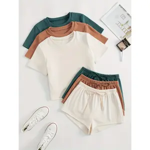 3 Sets Simple Solid Lounge Set, Short Sleeve Crew Neck Top & Lace Up Shorts, Women's Loungewear & Sleepwear