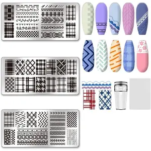 3Pcs Nail Stamp Plates Set Lattice Texture Nail Stamping Plate Texture Image Nail Stencils Plaid Argyle Pattern Nail Art Stamping Template with Nail Scraper for Women Nail Design Tools