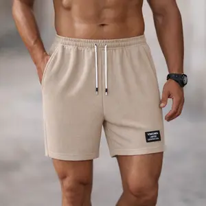 Mens Drawstring Shorts Waffle Texture Textured  Above Knee Casual Athleisure Lounge Shorts for Gym Commute Vacation Minimalist Streetwear Easy Daily Outfit with Side Pockets and Clean Logo Patch