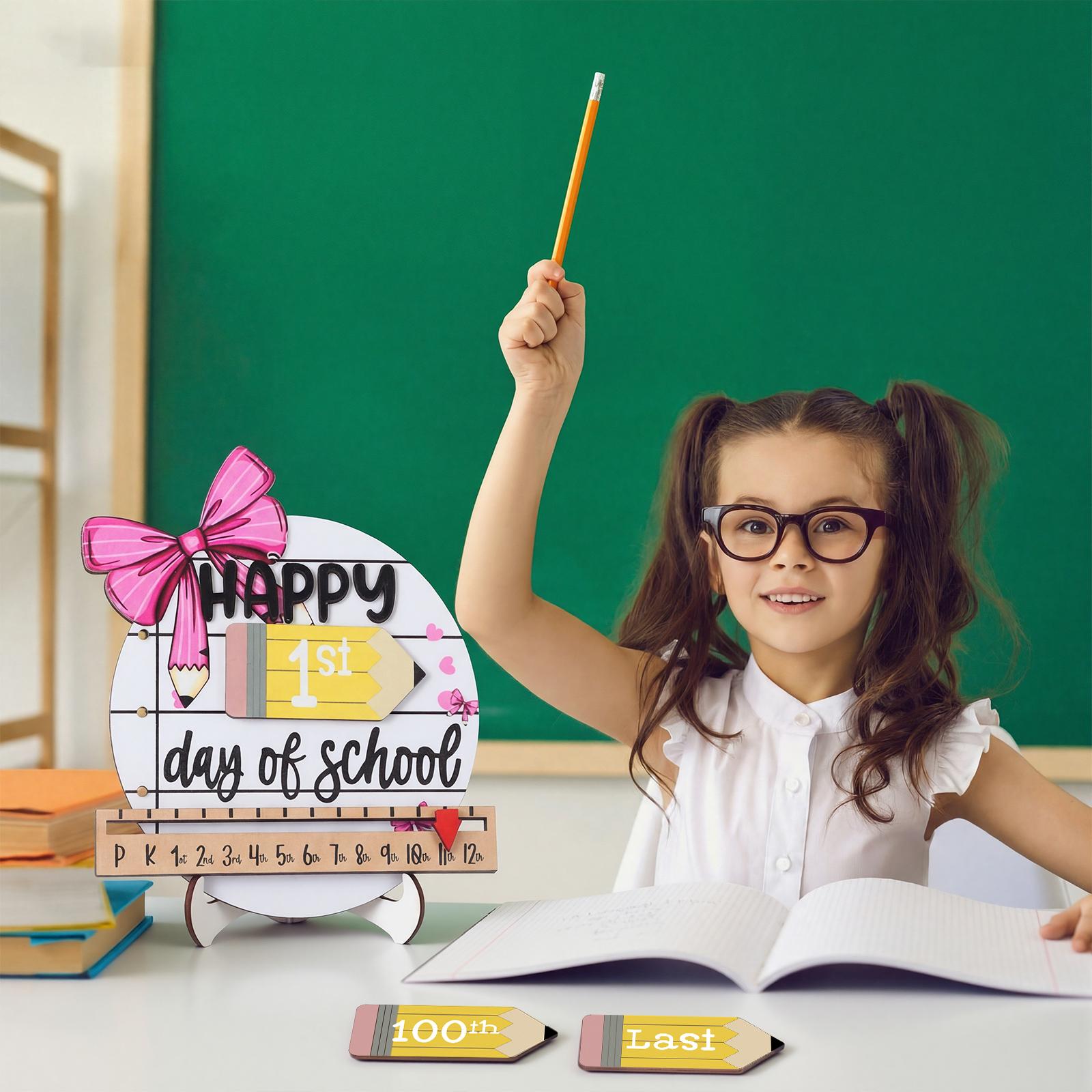 First & Last Day of School Sign Reusable Dry Erase 8" - Back to School Board Gifts Wooden Pencil Style, Cute Pencil Bow Notebook Design for Pre-K Kindergarten Photo Props First Day Last Day Traditions Teachers Parents Essentials Class of 2026