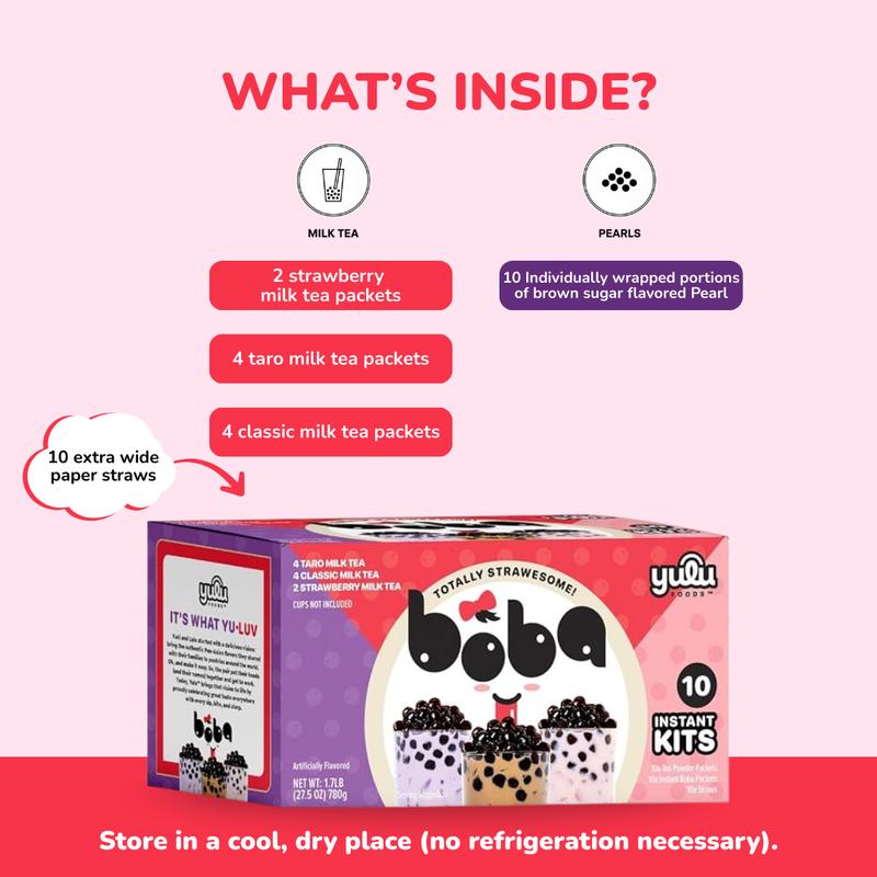 YULU FOODS Instant Boba Milk Tea Kit – Variety Pack with Brown Sugar Tapioca Pearls, 10 Drink Set