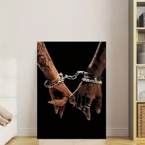 1 Piece Optional Wooden Frame Couple Holding Hands Pinky Swear Dark Tone Handcuffs Binding Wall Art Painting Valentine's Day Decor Bedroom Decor Wall Poster Print Elegant Home Painting For Living Room Decor Home Modern Home Decor