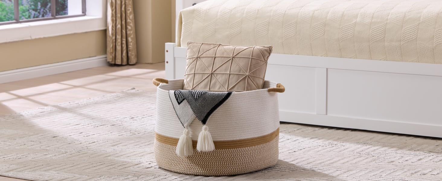 Woven cotton rope large storage basket, 20 in x 13 in, 85L, decorative nursery basket for room organization, suitable for pillows, blankets, and doll storage.