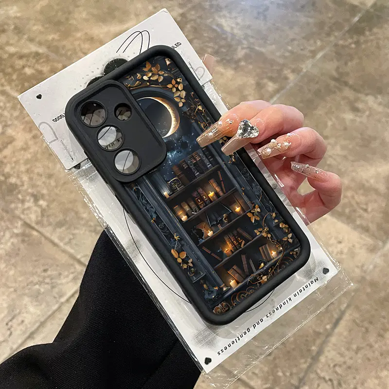 Shockproof Silicone Soft Smartphone Case - Creative Moon Bookshelf Design for Samsung S22, S23, S24, S25 Ultra Plus, Handheld Cellphone Devices Accessory with Camera Protection, Anti-Fall, Non-Slip, Long-Lasting, Pocket-Friendly Style