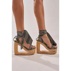 AKIRA GOLD WYNN GREEN TIE LACE UP NOVELTY WEDGE SANDAL