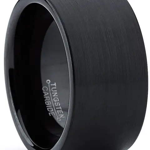 Metal Masters Co. Men's 12 mm Wide Black Tungsten Carbide Flat Top Metal Ring Band - Brushed Finish, Comfort Fit, Laser Engraving Available, Hypoallergenic, Casual Everyday Men's Accessories, Sizes 8 to 15