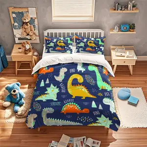 Three cute items with various dinosaur patterns Duvet Cover Set, 3-Piece Includes 1 Fitted Sheet and 2 Pillowcases, Soft Breathable Design for Bedroom and Guest Room, Comfy Bed Sets