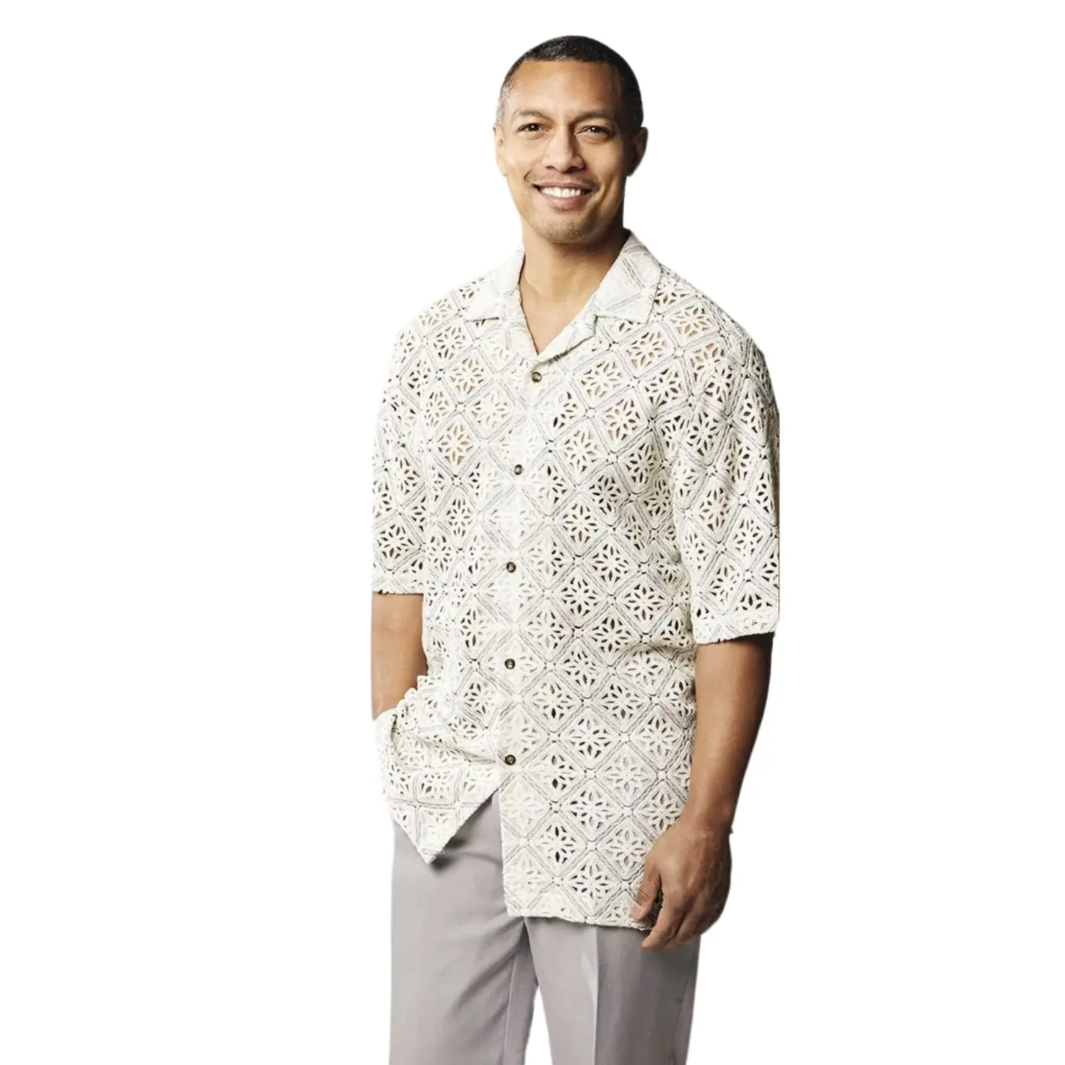 Men’s Grey Geometric Floral Crochet Woven Short Sleeve Shirt