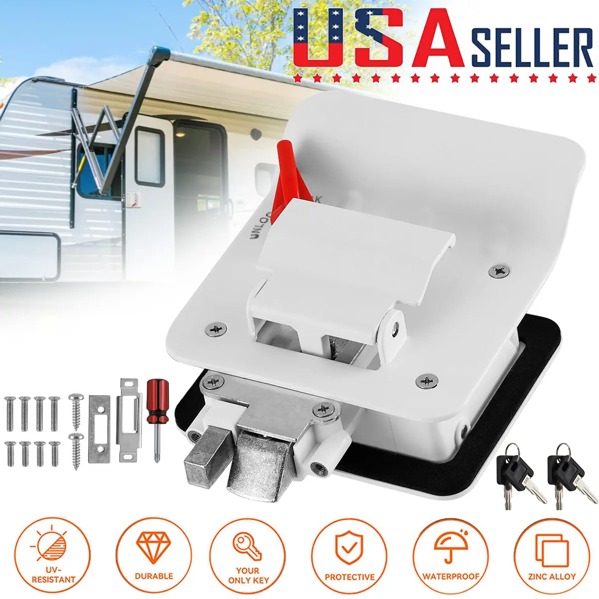White RV Sturdy Entry Lock Set - Door Handle Lock, Deadbolt with Keys, Secure Latch Closure for Travel Campers, Trailers, Entry Locks