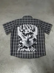 Y2K Plaid Button-Up Short Shirt, Eternal Blessing Pigeon & Floral Graphic Pattern, Hip Hop Skate Streetwear Streetstyle, Tiktok Trend, Unisex Summer Casual Top