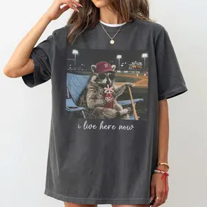Funny Raccoon I live Here Now Shirt, Ballfield Dark Shirt, Baseball field, Raccoon Drinking Dr. Pepper Tee, Baseball Mama Tee