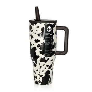 HydroJug 40oz Cow Print Traveler Tumbler with Handle & Lid - Insulated Stainless Steel Beverage Flask, Leak-Resistant Drink Bottle with Straw, Cup Holder Compatible Vacuum Insulation Container