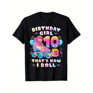 [100% Cotton] 100% Cotton10Th Birthday Girl Roller Skates T-Shirt - That'S How I Roll Design, Colorful Number 10 & Party Theme, Soft Cotton Fabric, Casual Fit For, Perfect For Celebrations, Casual 'S Tee Colorful ShiSame Style For Men And Women 2025 Summ
