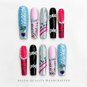 Press on Nails Long Square 2 Inches, Glitter Blue Silver Pink Black Fake Nails, Zebra Print, Rhinestone Chains, Charms, Studs, Glossy Maximalist Acrylic Nails