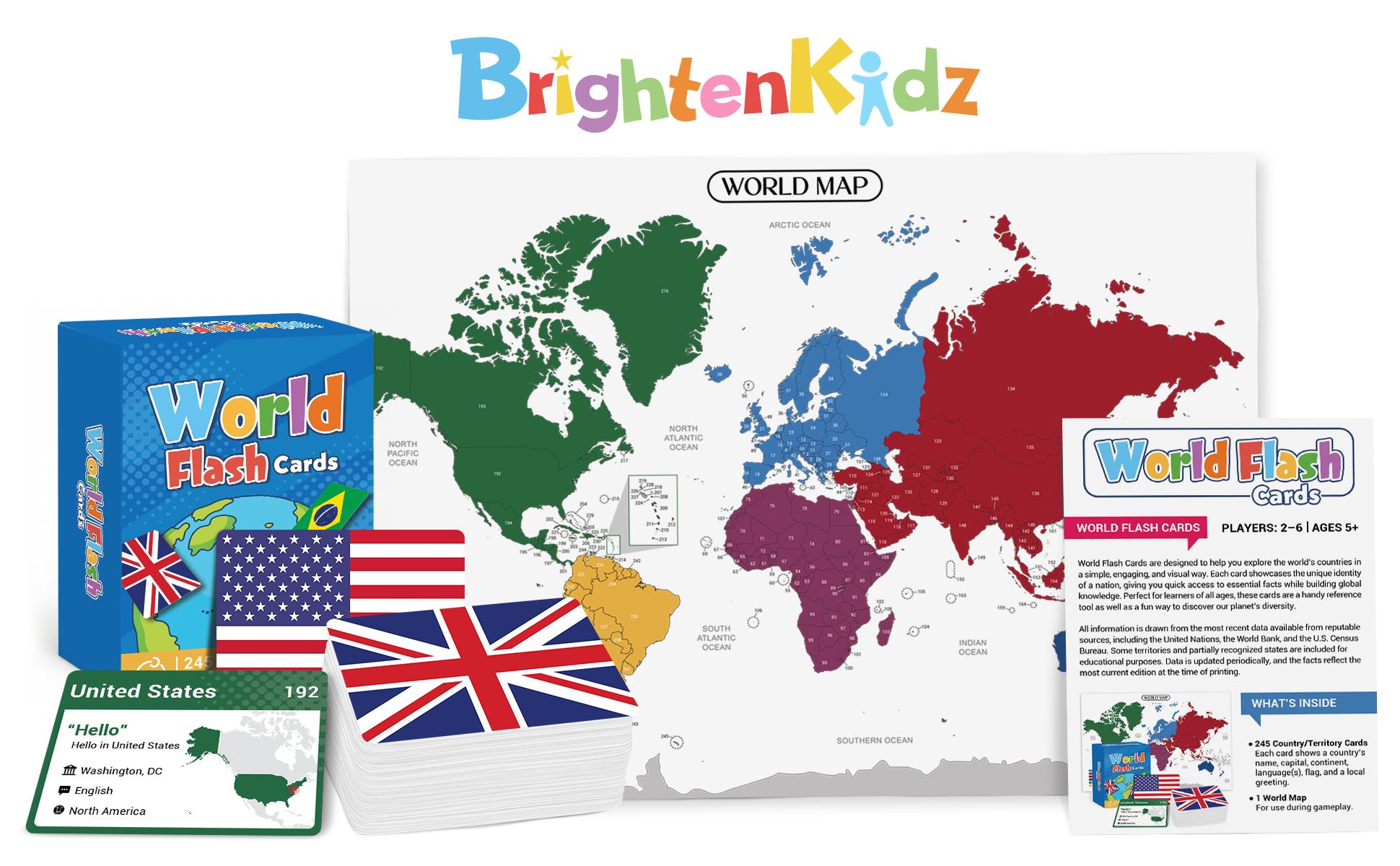 245 World Flags Flash Cards, Learn Countries Flags, Capitals, Continents & Languages with World Map, Geography Cards Game For Kids & Adults, Homeschool & Classroom Fun Learning, Gift For Son & Daughter