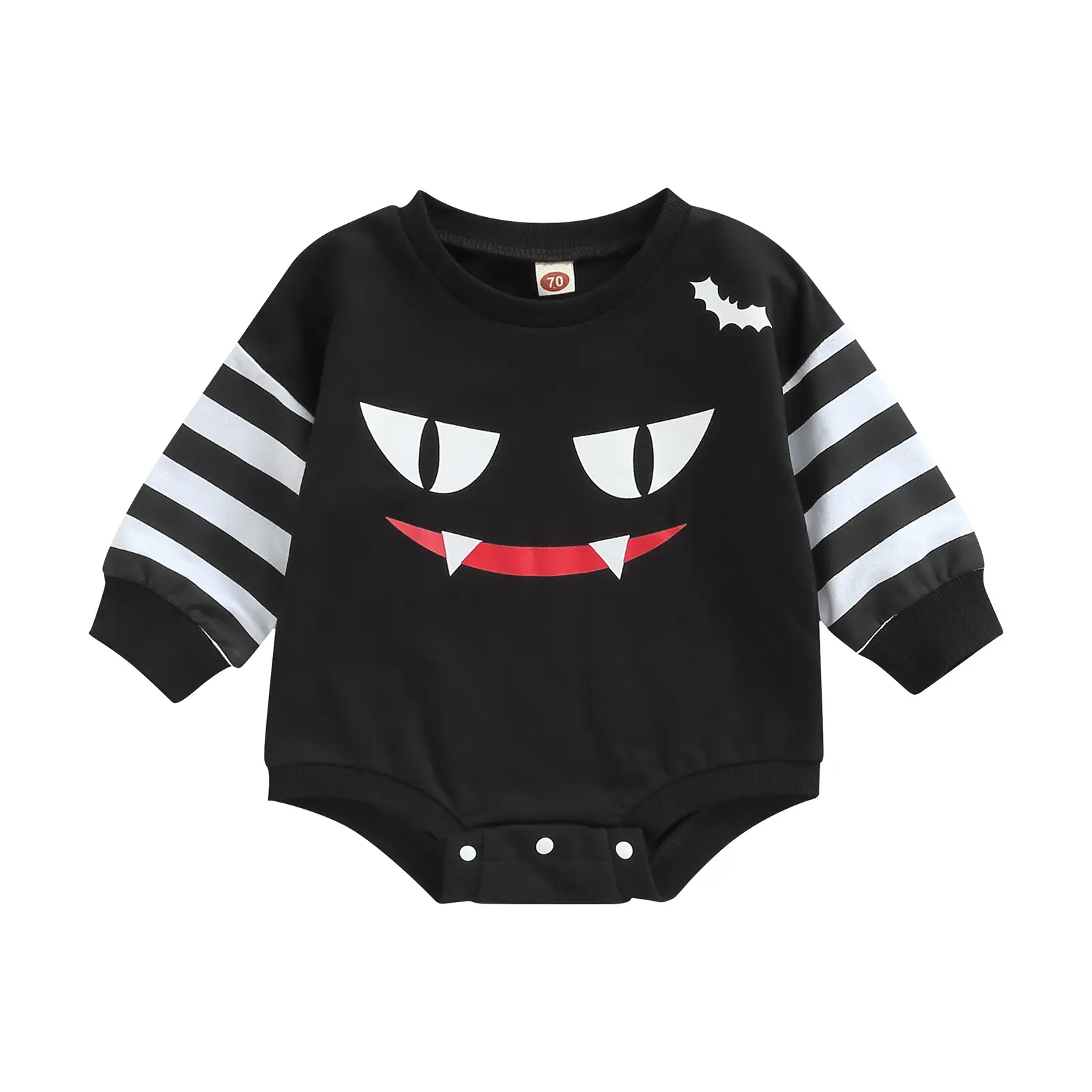 Newborn Baby Boy Girl Halloween Outfit Ghost Demon Expression Pattern Stripe Long Sleeve Bubble Romper Elastic Cuff Bodysuit